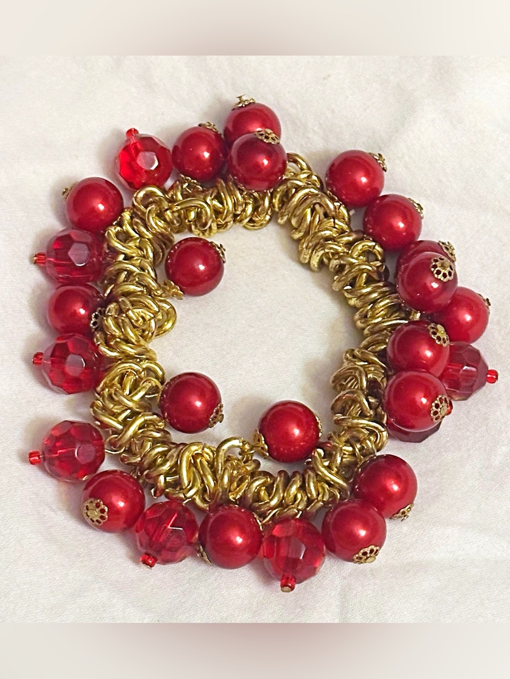 Gold Tone stretching Chain Bracelet with Red Bead Charms